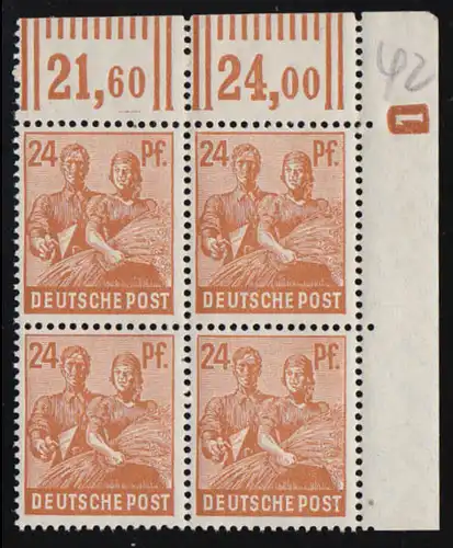 951 DZ Arbeiter 24 Pf. Eckrand oben rechts F.10 mit Druckerzeichen 1 negativ **