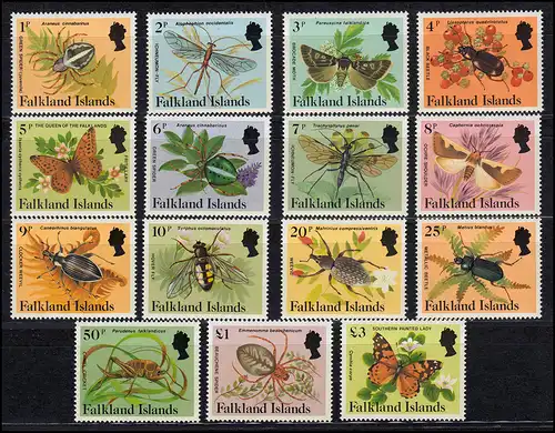Iles Falkland 390-404 insectes Araignées papillons, ensemble complet frais de post **