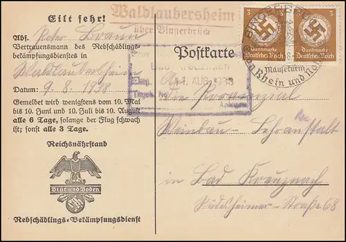 Landpost Waldlaubersheim über Bingerbrück, Dienst Mottenflugmeldekarte, 16.8.38