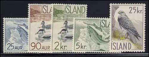 Island 335-339 Fauna Fische Vögel, Lachs Eiderente Gerfalke, postfrisch ** / MNH