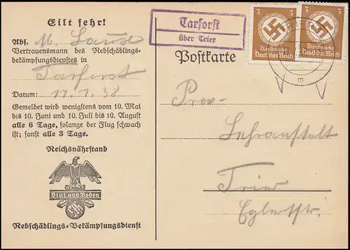 Landpost Tarforst über Trier auf Dienst Mottenflugmeldekarte, 17.7.38