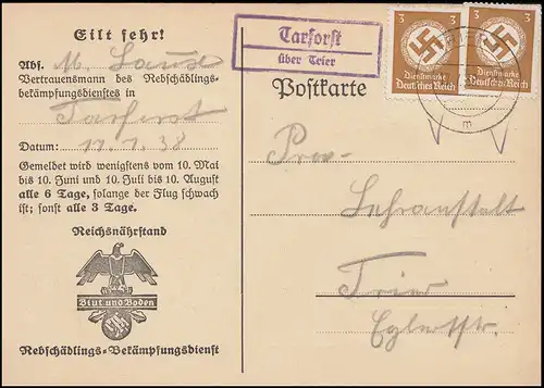 Le courrier terrestre Tarforst sur Trèves sur la carte de vol de Motte, 17.7.38