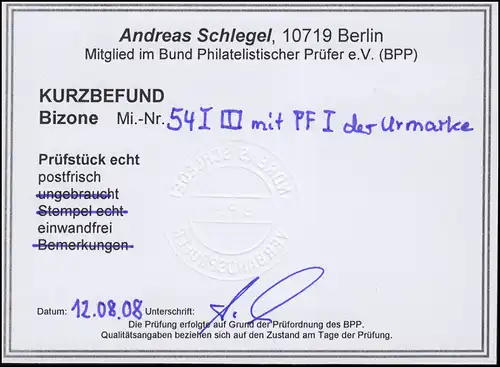 54I PF I Bandaufdruck 10 Pf. mit Plattenfehler I, Fotobefund Schlegel BPP **