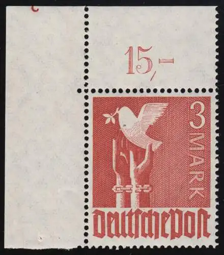 961Pl.-Nr. Taube 3 Mark Eckrandstück oben mit Plattennummer 3, **