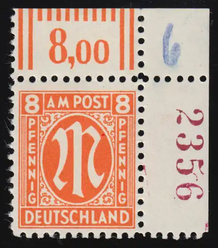 21A zr4 AM-Post 8 Pf Ecke, rote Bogenzählnummer, ungefaltet, **