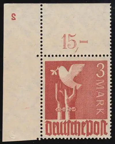 961Pl.-Nr. Taube 3 Mark Eckrandstück oben mit ganzer Plattennummer 2, **