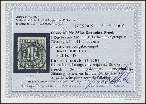 35 AM-Post 1 Reichsmark mit Vollstempel Kall 30.3.46, Befund Wehner BPP