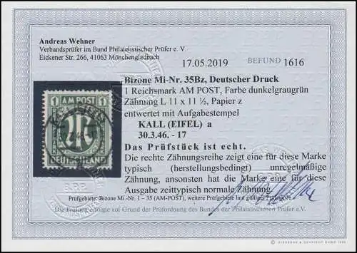 35 AM-Post 1 Reichsmark mit Vollstempel Kall 30.3.46, Befund Wehner BPP