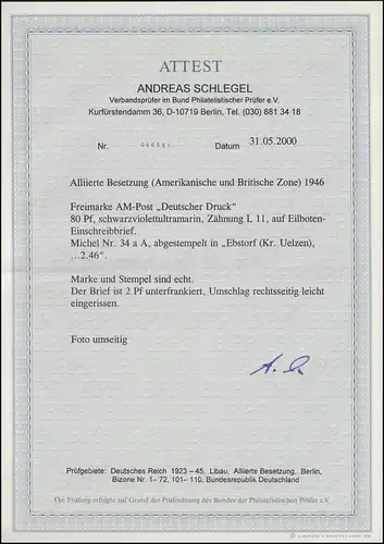 34aA AM-Post 80 Pf auf R-Exp-Bedarfs-Brief Ebstorf, FA Schlegel BPP