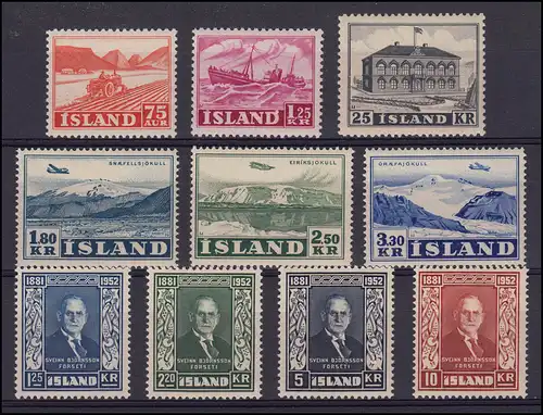 Island 275-284 Jahrgang 1952 komplett, 10 Marken, postfrisch ** / MNH
