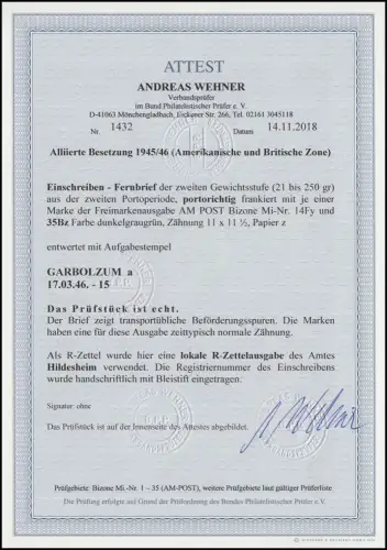 35 AM-Post 1 Reichsmark + ZF portoger. sur R-Bf Garbolzum, FA Wehner BPP