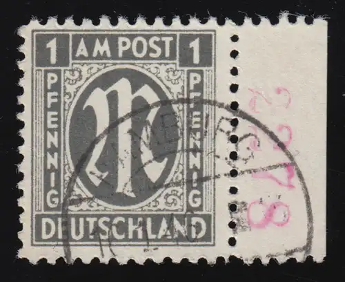 16B zr4 AM-Post 1 Pf Rand, rote Bogenzählnummer, ungefaltet, O Hamburg 16.1.46