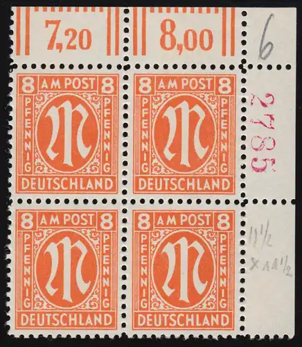 21D zr4 AM-Post 8 Pf Eck-Viererblock, rote Bogenzählnummer, ungefaltet, ** / MNH