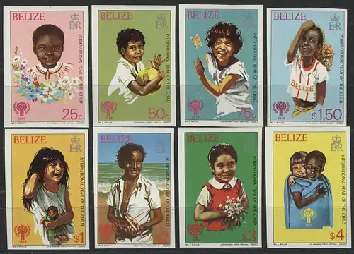 Belize: Enfants ricanants, 8 timbres ONZÉ, phrase **