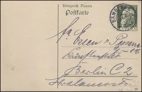 Bayern P 87I/03 Luitpold 5 Pf. DV 13: BAMBERG 4.12.13 nach Berlin