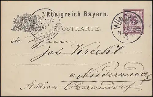 Bayern Postkarte Ziffer 5 Pf lila ohne DV: MÜNCHEN II. 17.5.85 nach Niederaudorf