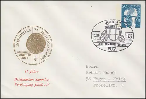 PU 54/8 Interphila Jülich, Heinemann 50 Pf., 13.10.74