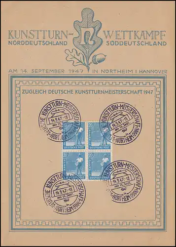 950 Sämann 20 Pf, Viererblock auf Gedenkblatt Kunstturnen Meisterschaft 1947