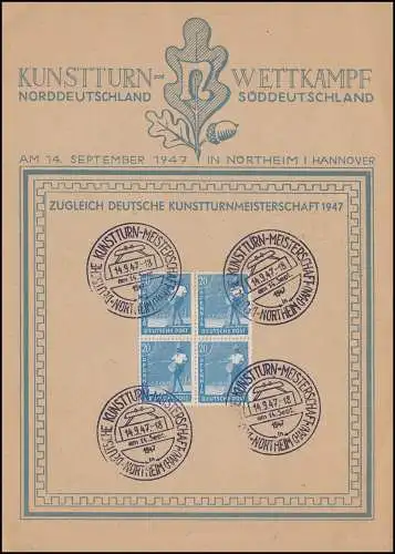 950 Sämann 20 Pf, Viererblock auf Gedenkblatt Kunstturnen Meisterschaft 1947