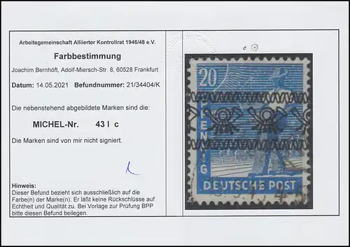 Bizone 43Ic seltene Farbe, Bandaufdruck 20 Pf. O gestempelt, Befund Bernhöft