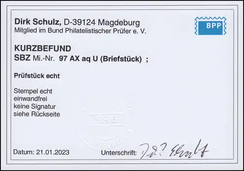 97AXaqU Schiller 12 Pf. ungezähnt O Briefstück, Befund Schulz BPP