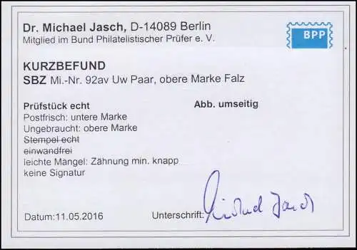 92AXav Uw Tannen 3 Pf. senkrechtes Paar, waagerecht ungezähnt, Befund Jasch BPP