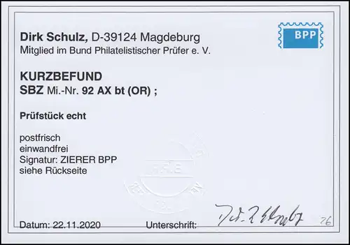 92AXbt OR Tannen 3 Pf. Oberrand postfrisch **, Befund Schulz BPP