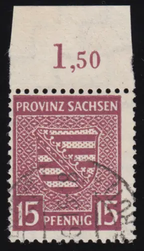 80 Xa Provinzwappen 15 Pf. seltene Farbe mittellilakarmin, O FA Dr. Jasch BPP