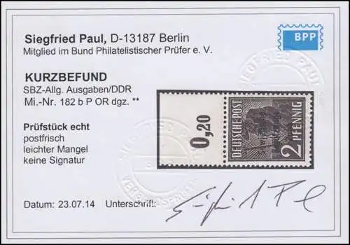 182b P ORdgz. 2 Pf. Farbe b im Plattendruck vom Oberrand dgz, Befund Paul BPP