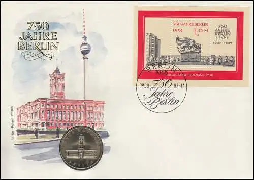 DDR-Numisbrief 750 Jahre Berlin Rotes Rathaus 5-M-Gedenkmünze, Block 89 FDC 1987