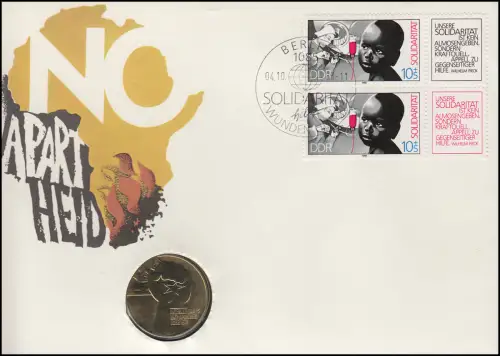 DDR-Numisbrief Solidarität Antiapartheid 5-Mark-Gedenkmünze ESSt 1988 schwarz
