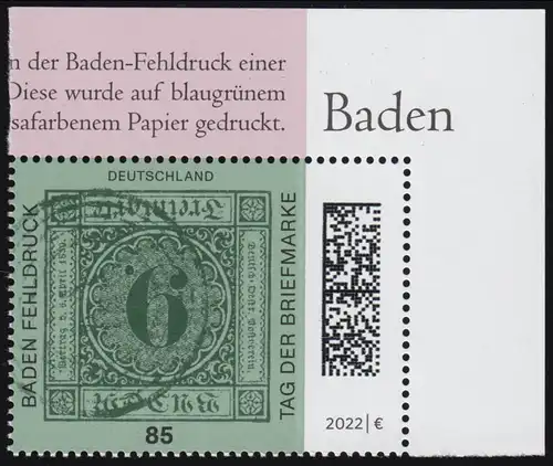 3719 Jour du timbre 2022: Baden Erreur, en bloc 90, ** frais de port