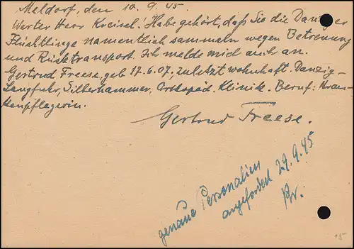 Behelfsausgabe P 762I von MELDORF (27.8.45) 12.9.45 nach Marne - Flüchtlinge