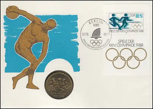 Lettre de numis de DDR Olympiade 1988, bloc et pièce commémorative de 10 marks ESSt 9.8.1988