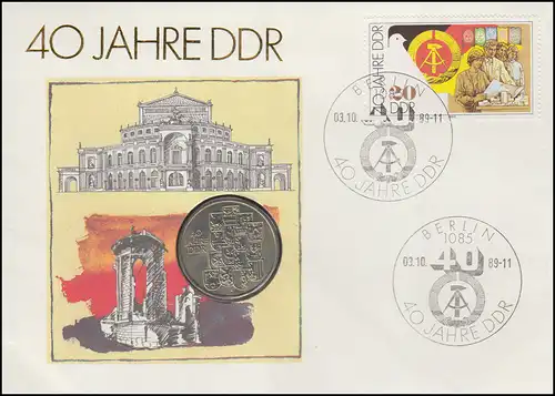DDR-Numisbrief 40 Jahre DDR, 10-Mark-Gedenkmünze, ESSt 3.10.1989