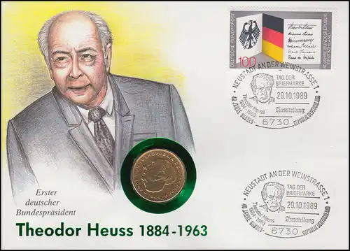 Numisbrief Theodor Heuss, 2 DM / 100 Pf., SST Bonn 29.10.1989