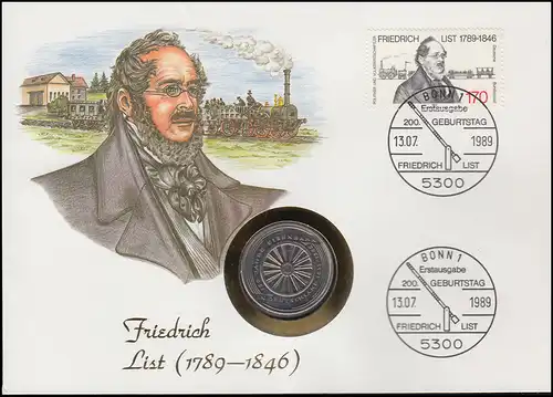 Numisbrief Friedrich List, Eisenbahn 5 DM / 170 Pf., ESST Bonn 13.7.1989