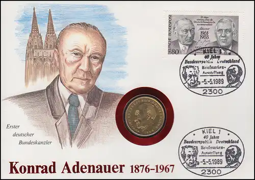 Lettre de Numis Konrad Adenauer, 2 FF / 80 Pf., SST Kiel 5.5.1989