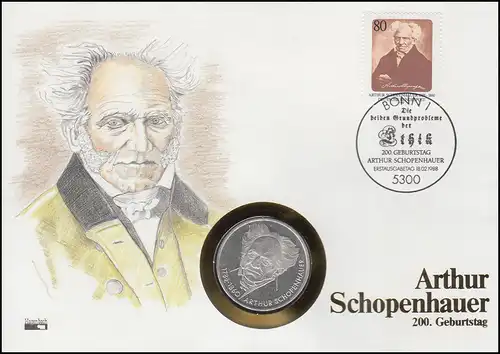 Numisbrief Arthur Schopenhauer, 10 DM / 80 Pf., ESST Bonn 18.2.1988