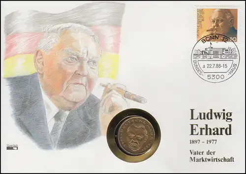 Nummisschreibung Ludwig Erhard, 2 FF / 80 Pf., SST Bonn 22.12.1989