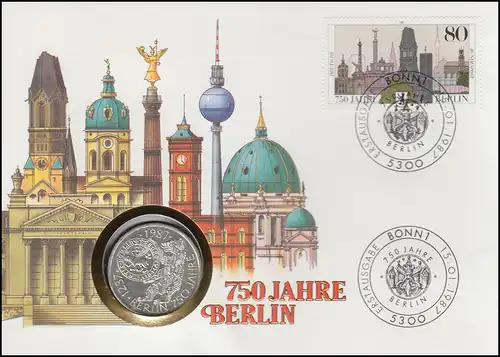 Numisbrief 750 Jahre Berlin, 10 DM / 80 Pf., ESST Bonn 15.01.1987