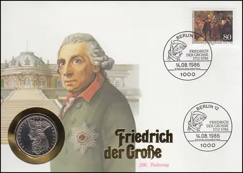 Numisbrief Friedrich der Große, 5 DM / 80 Pf., ESST Berlin 14.8.1986