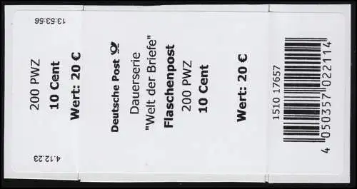 3723F Welt der Briefe: Flaschenpost 010 Cent - BANDEROLE der Rolle, 3. Auflage