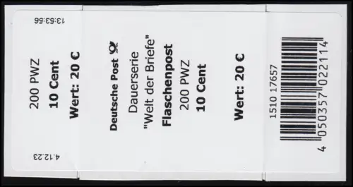 3723F Welt der Briefe: Flaschenpost 010 Cent - BANDEROLE der Rolle, 3. Auflage