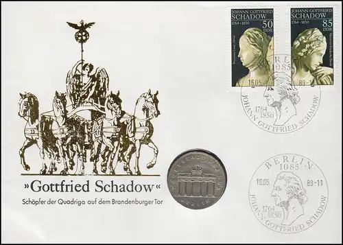 DDR-Numisbrief Gottfried Schadow 5-Mark-Gedenkmünze Brandenburger Tor ESSt 1989