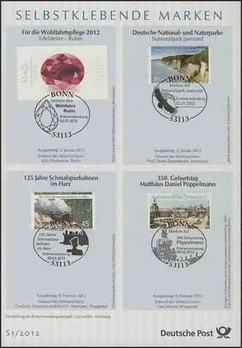 ETB S1/2012 SELBSTKLEBENDE Rubin, Pöppelmann, Luchs+Elch, Fraunhofer etc.