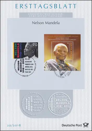 ETB 29/2018 Nelson Mandela, Freiheitskämpfer, Joint Issue Südafrika