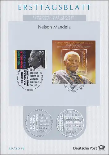 ETB 29/2018 Nelson Mandela, combattant pour la liberté, Joint Issue Afrique du Sud