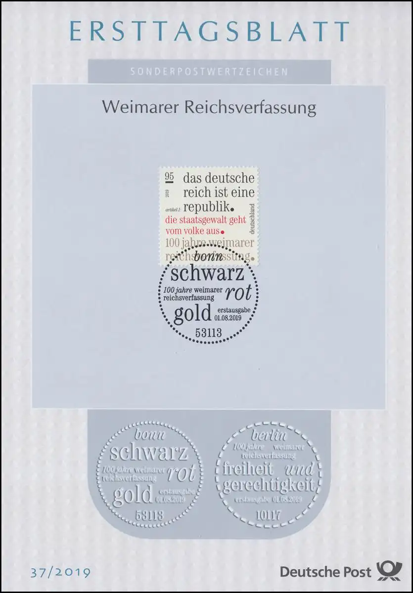 ETB 37/2019 anniversaire 100 ans Constitution de Weimar