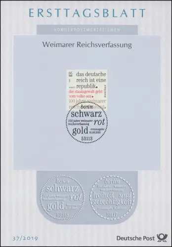 ETB 37/2019 anniversaire 100 ans Constitution de Weimar